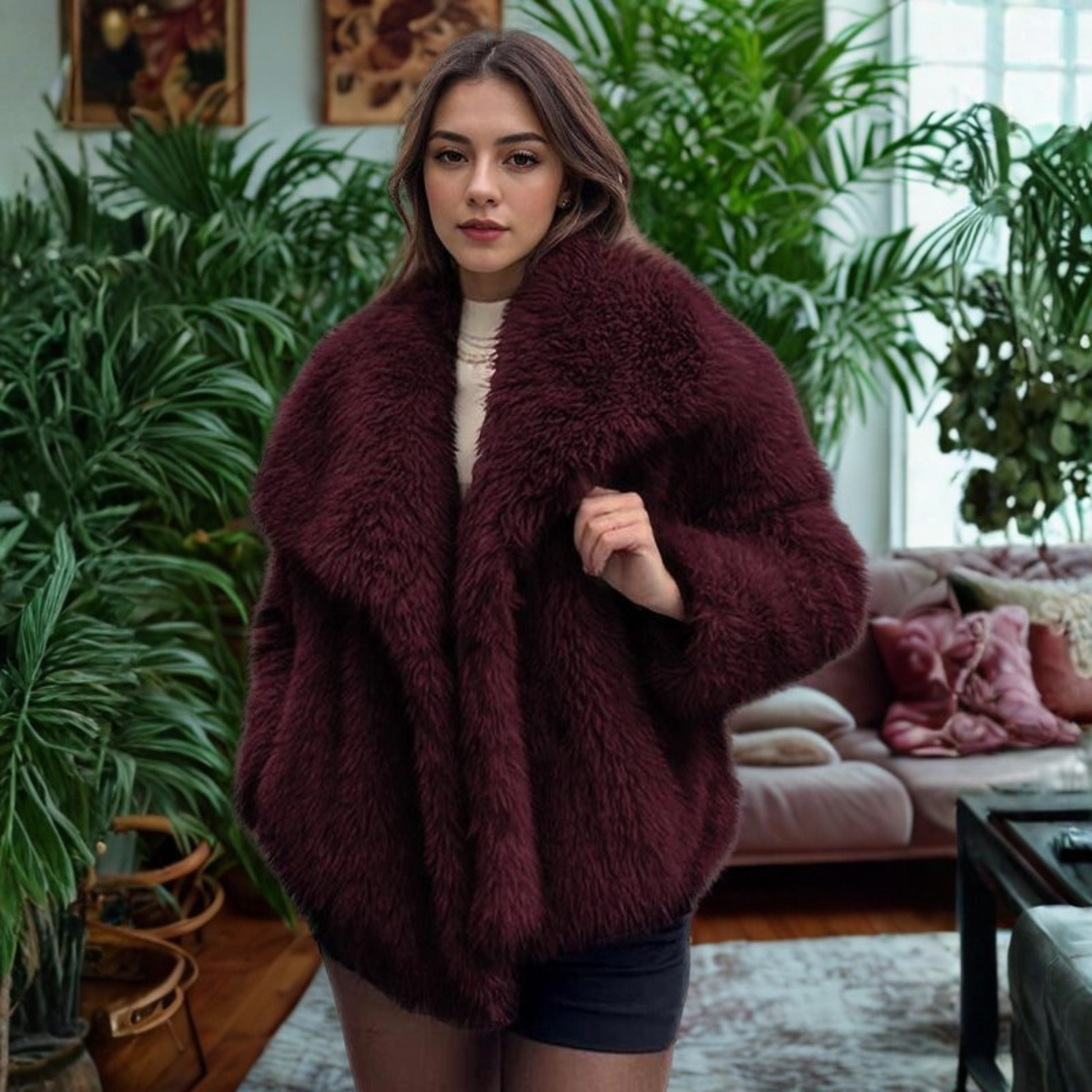Corrine fuzzy collar coat shown in a tailored cut, available in multiple colours