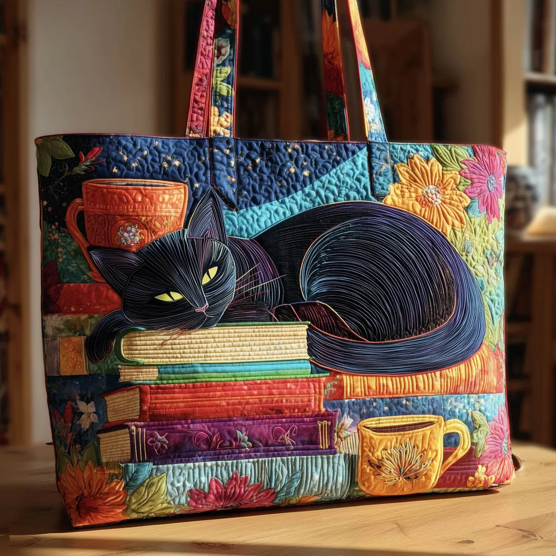 Handmade artisan tote bag with black cat, books and mugs print