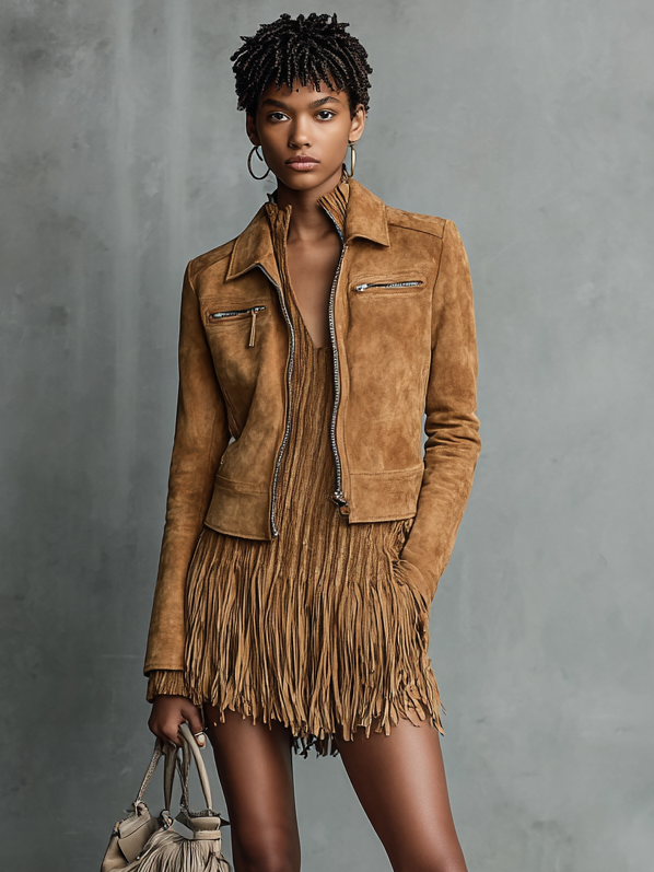 Bel cropped suede-look lapel jacket in warm brown, shown from the front