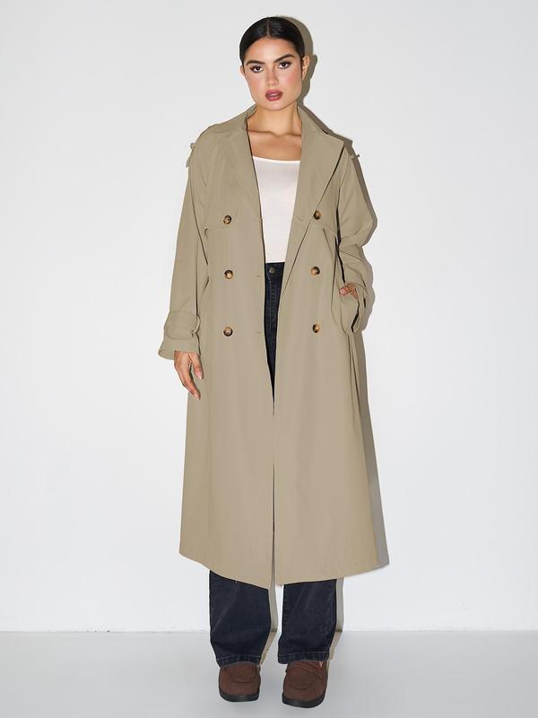 Solana double breasted trench coat shown in mustard yellow, black, khaki, burgundy and beige
