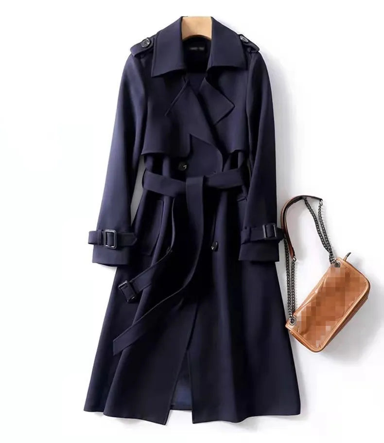 Berkley Lane belted longline trench coat with sleek buttons and adjustable waist