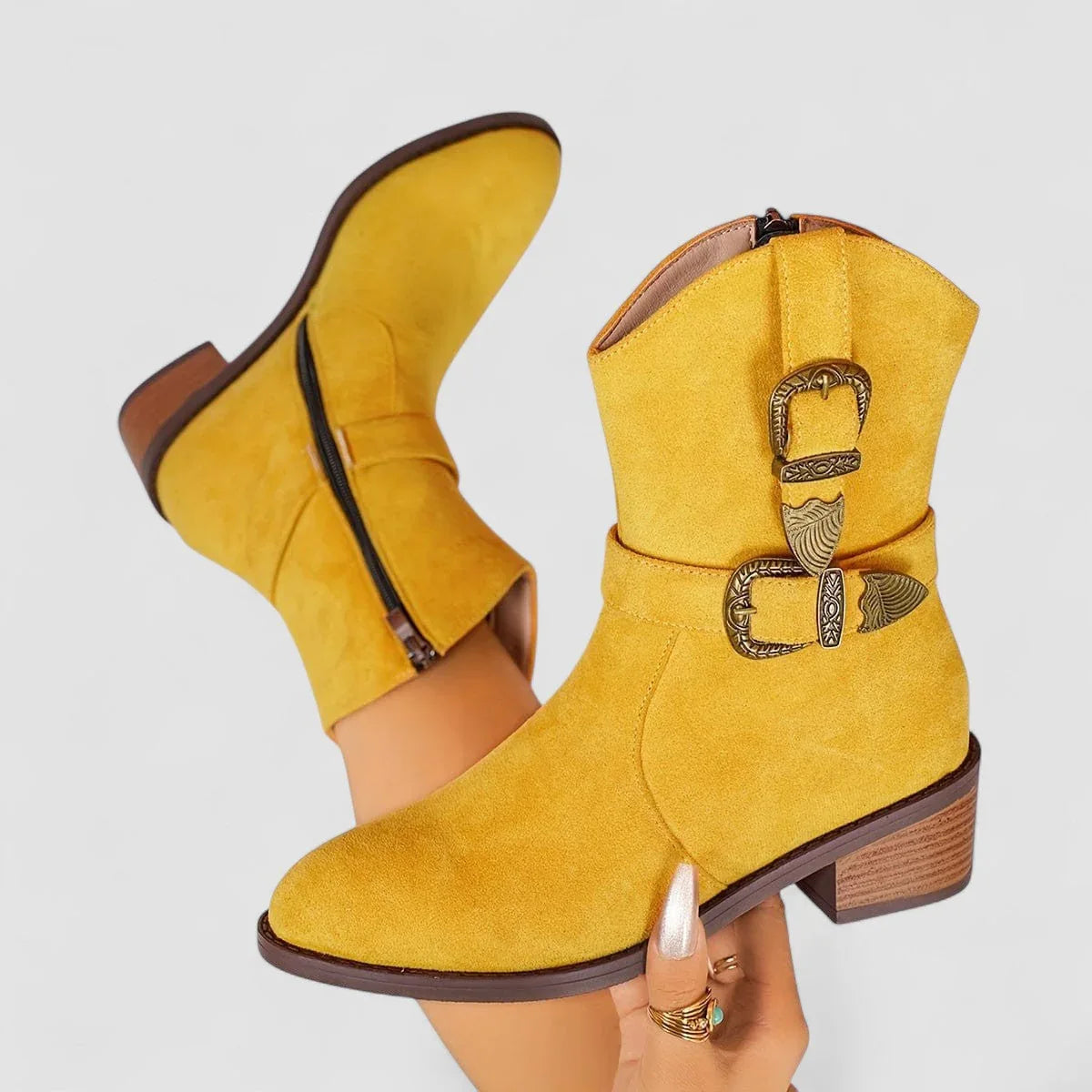 Rosa orthopedic Western boots in soft suede with a supportive block heel and non-slip outsole