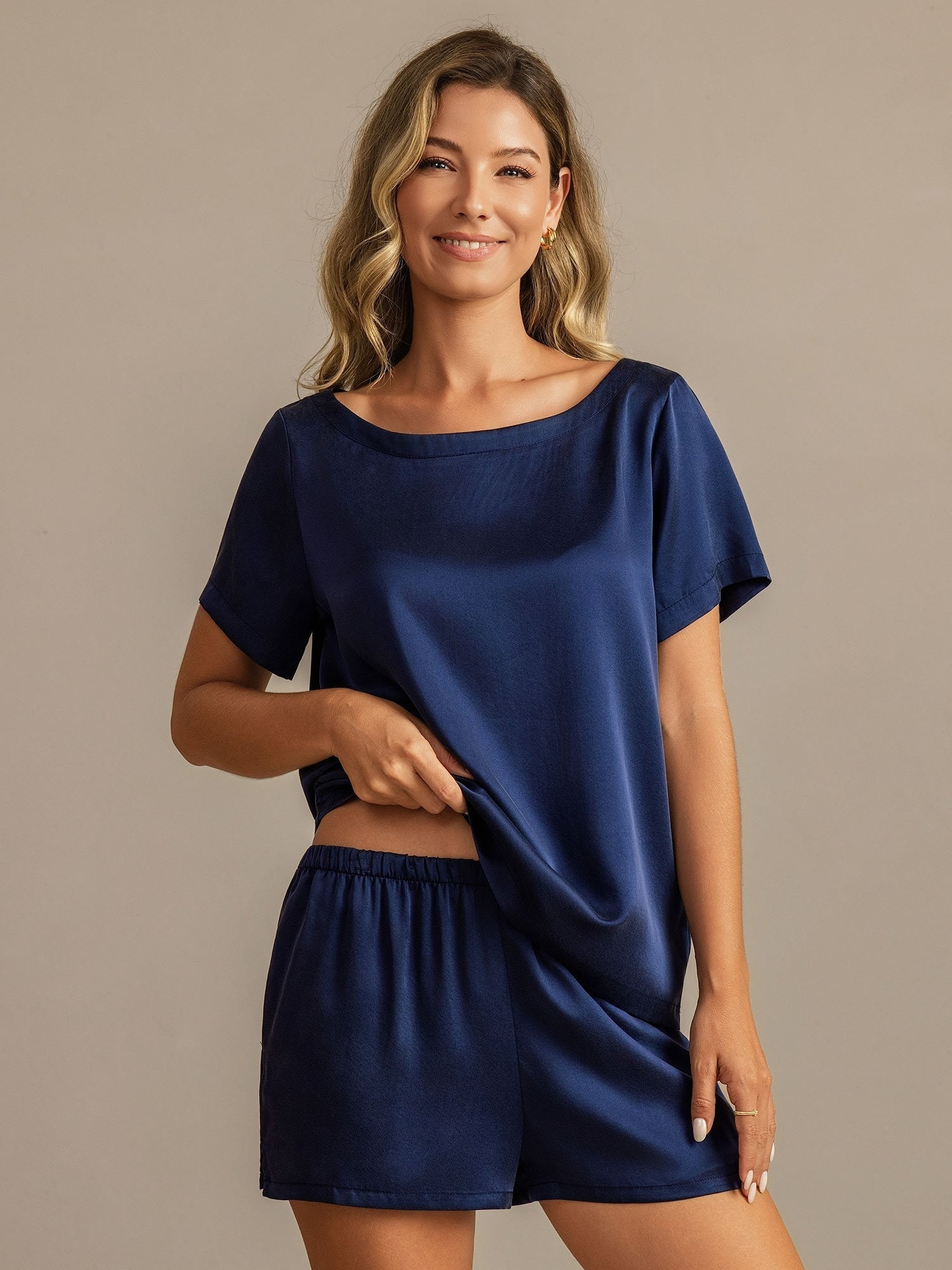 Mae soft mulberry silk pyjama set shown in an elegant matching top and bottom