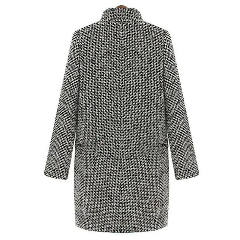 Amara long wool coat shown in a tailored, elegant silhouette for everyday layering