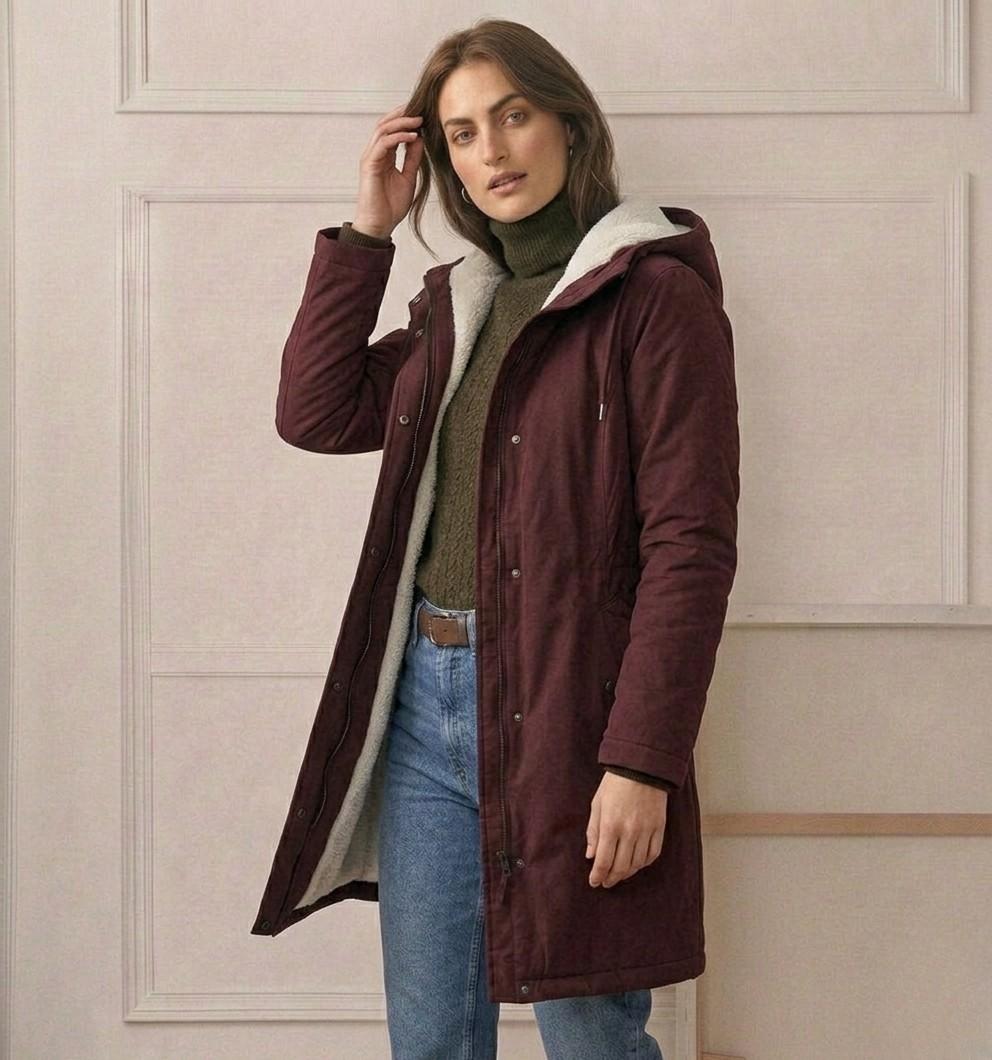 Amélie waterproof fleece-lined long parka with tapered waist, shown in multiple colours