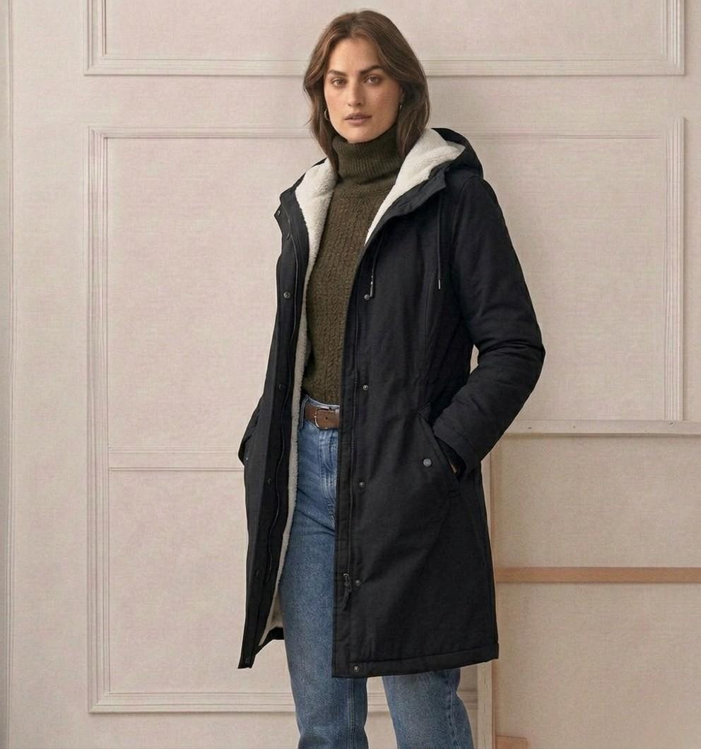 Amélie waterproof fleece-lined long parka with tapered waist, shown in multiple colours