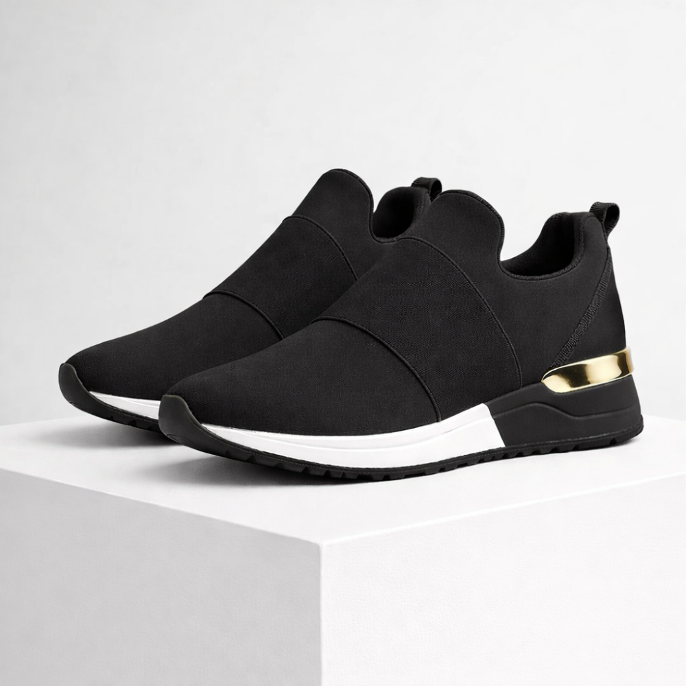 Foam platform slip-on sneakers with gold accent detail and elastic band