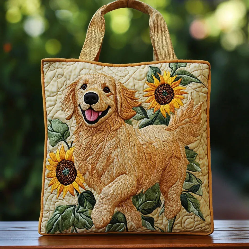 Handmade artisan tote bag featuring a Golden Retriever design, shown in two sizes