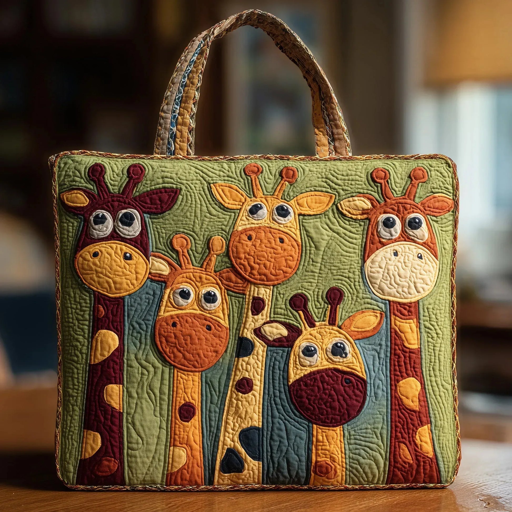Quilted tote bag in giraffe print with structured stitching and carry handles