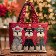 Handmade artisan tote bag featuring a playful trio of schnauzers design
