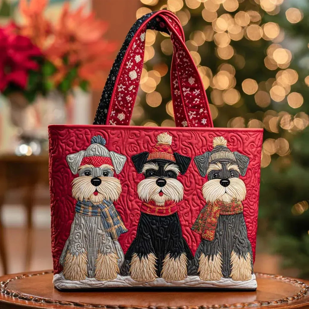 Handmade artisan tote bag featuring a playful trio of schnauzers design