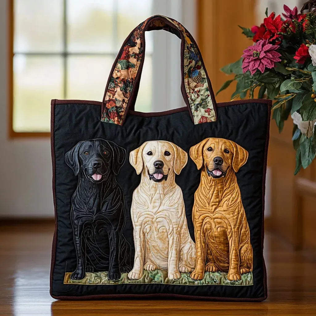 Handcrafted tote bag featuring a three labradors print, shown in two sizes