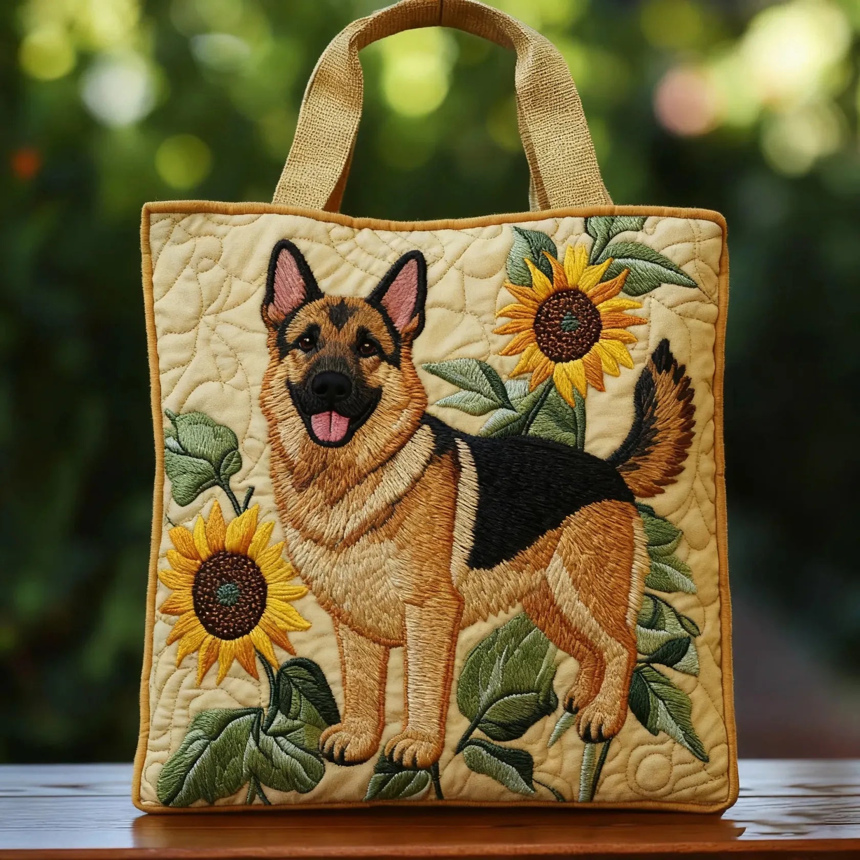 Artisanal handmade tote bag with German Shepherd floral design