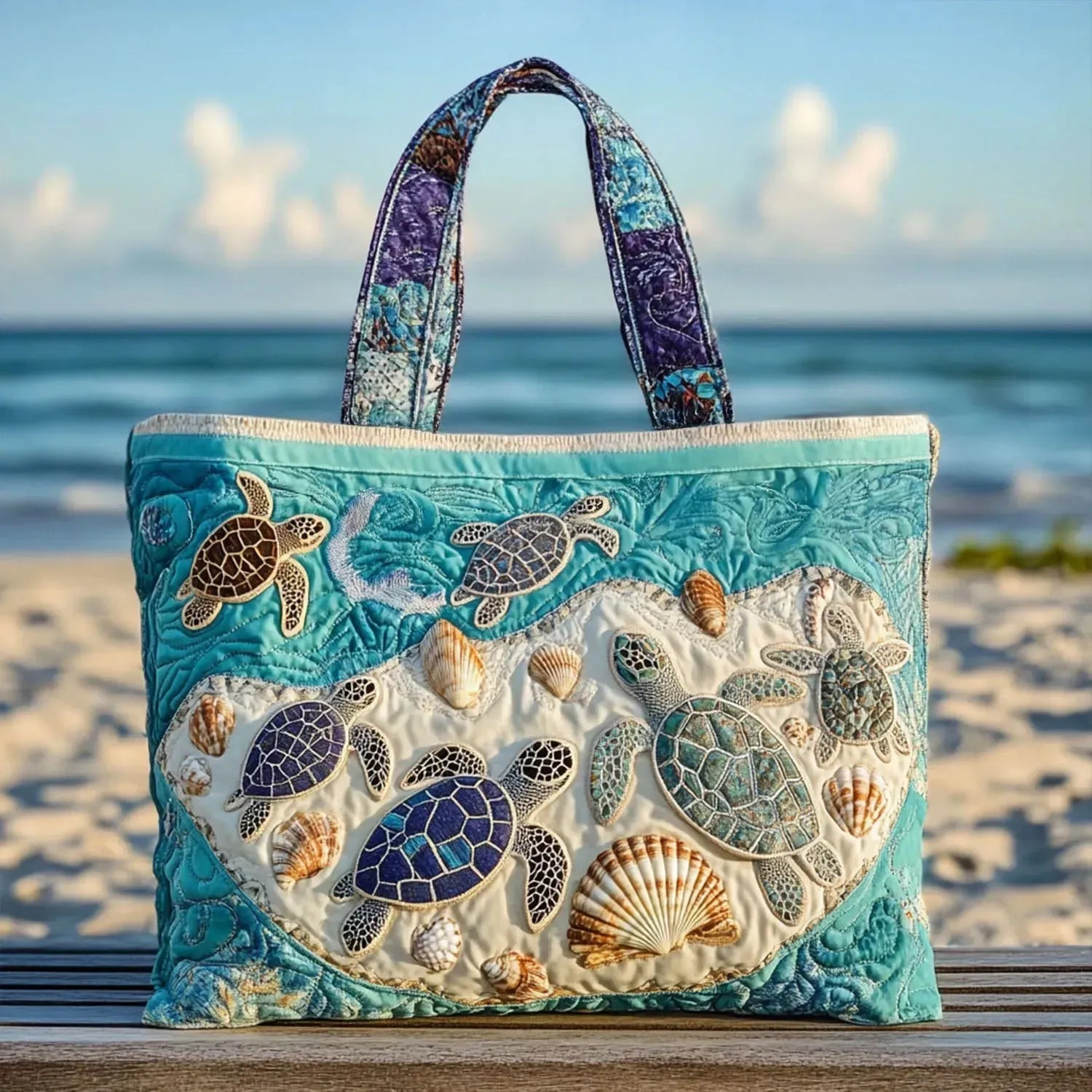 Artisanal handmade tote bag with turtle love design, shown in two sizes