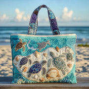 Artisanal handmade tote bag with turtle love design, shown in two sizes