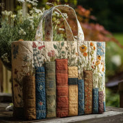 Handmade quilted Books and Flowers tote bag with floral design, shown in two sizes