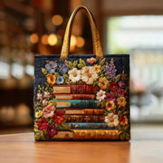 Handmade artisan tote bag with floral print, shown in two sizes