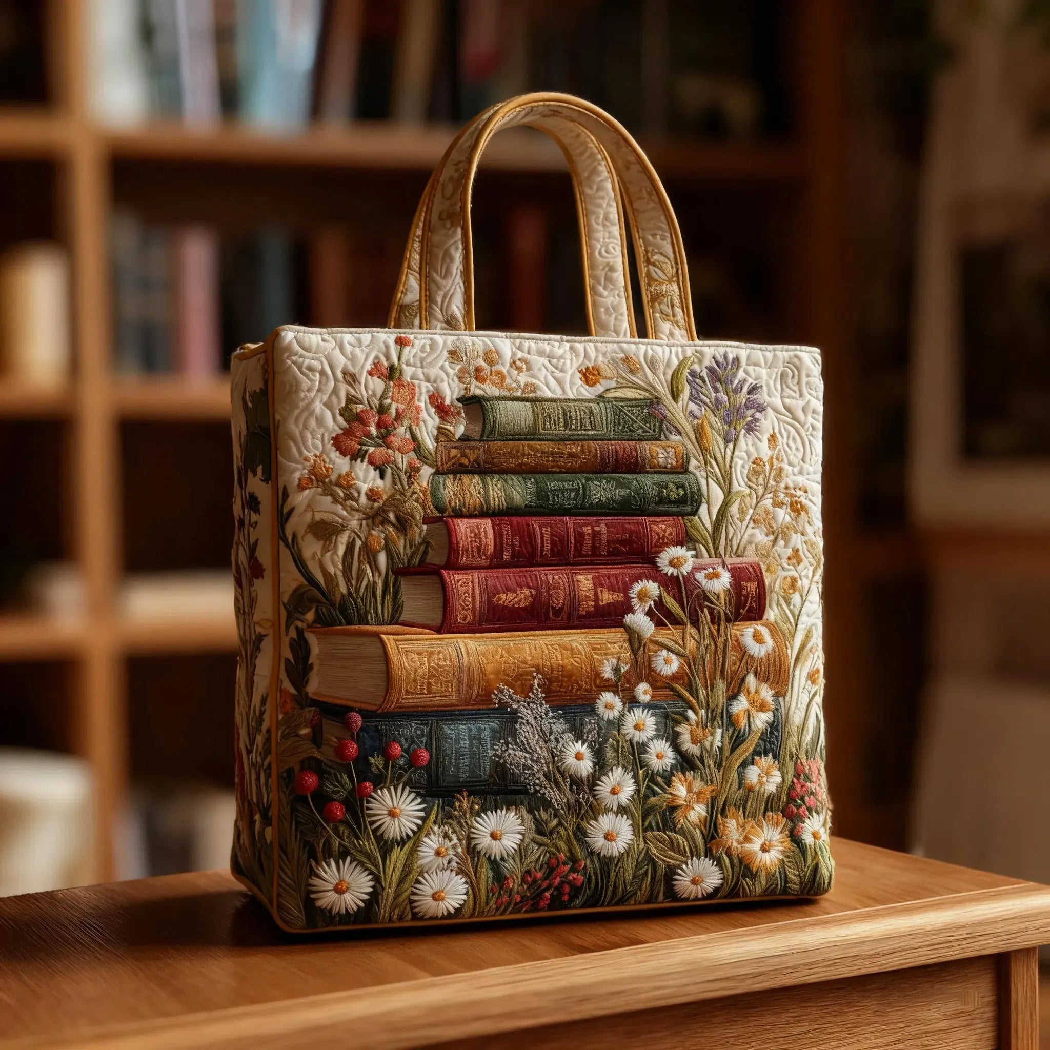 Floral quilted artisan bag with soft stitched texture, shown in two sizes