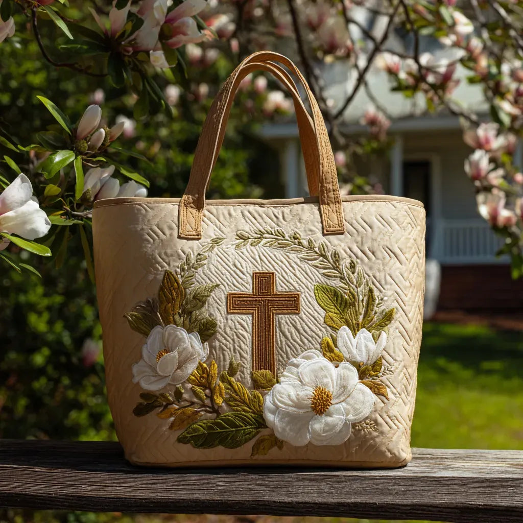 Handmade artisan tote bag with sacred cross design, shown in two sizes