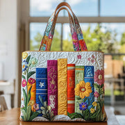 Handmade artisanal Floral Library tote bag shown in two sizes