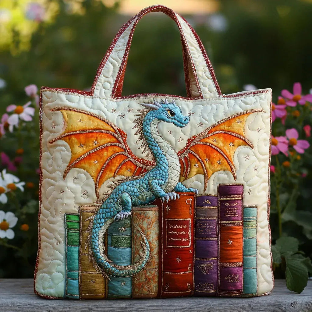 Emerald green quilted handmade bag with dragon and book-inspired design