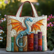 Emerald green quilted handmade bag with dragon and book-inspired design
