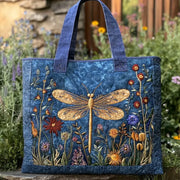 Golden Dragonfly quilted handmade bag with dragonfly detail, shown in two sizes