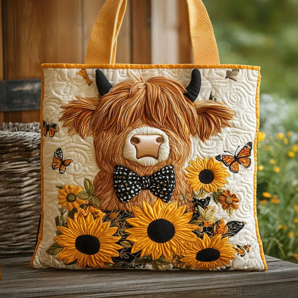 Quilted handmade bag with highland cow and sunflowers print in two sizes