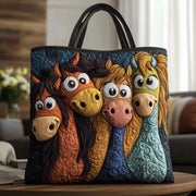 Handmade artisanal tote bag with a playful pony design, shown in two sizes