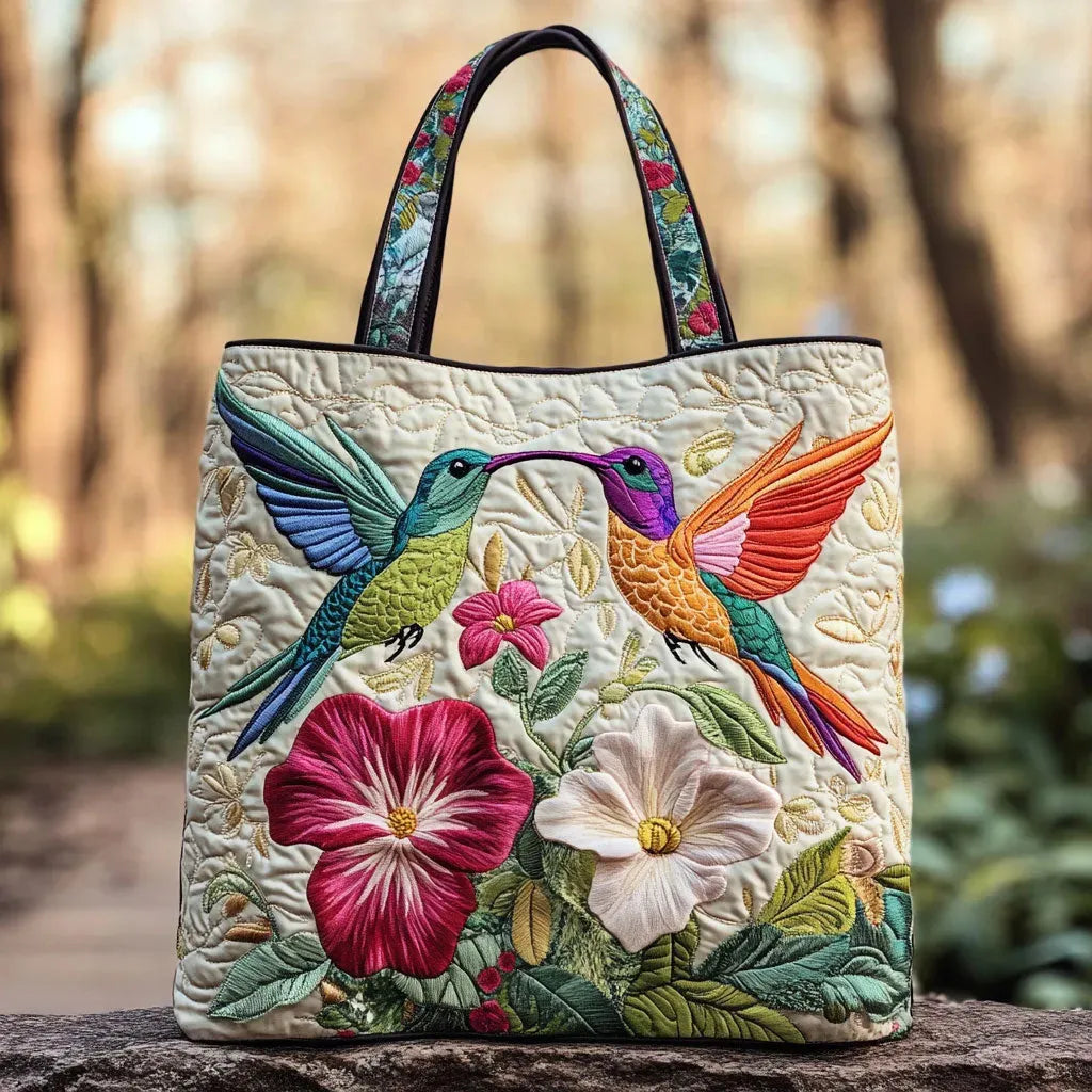 Quilted bag with hummingbird and white floral design in two sizes