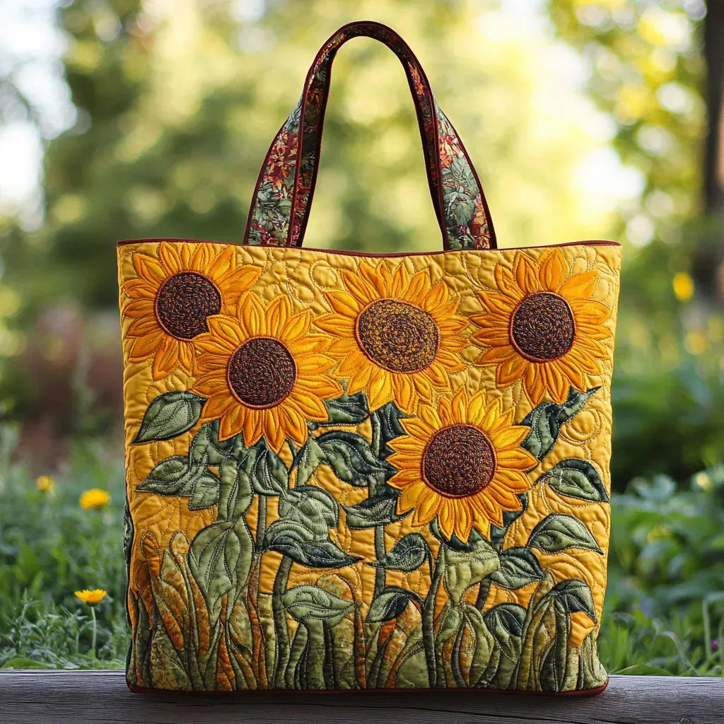 Handmade quilted tote bag in a yellow sunflower print, shown in two sizes