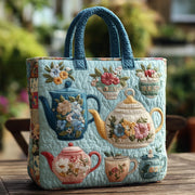 Handmade quilted bag with floral pattern shown in two carry sizes