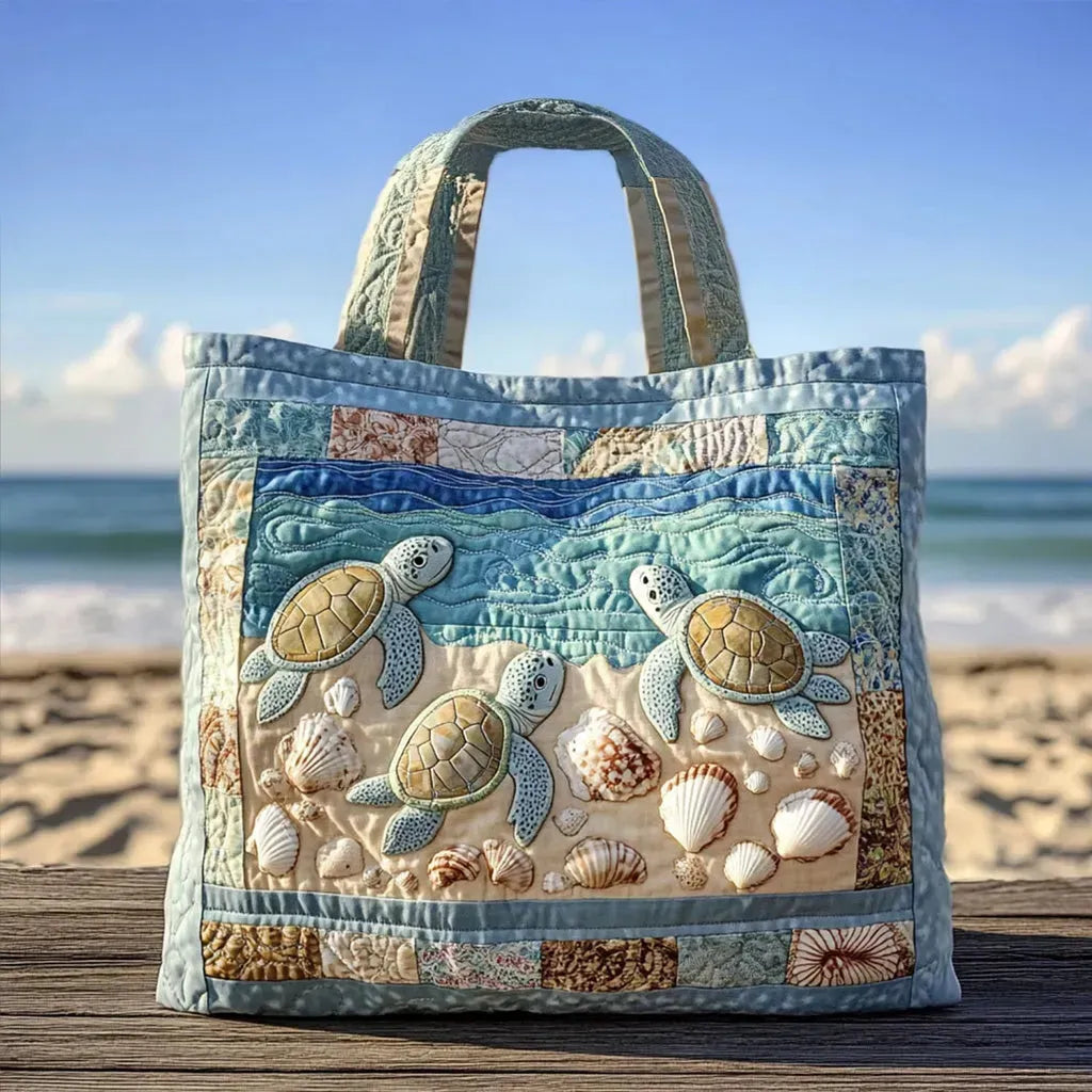 Handmade quilted tote bag featuring a coastal sea turtles design