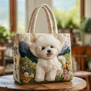 Enchanted Dog quilted artisan bag with dog print, shown in two sizes