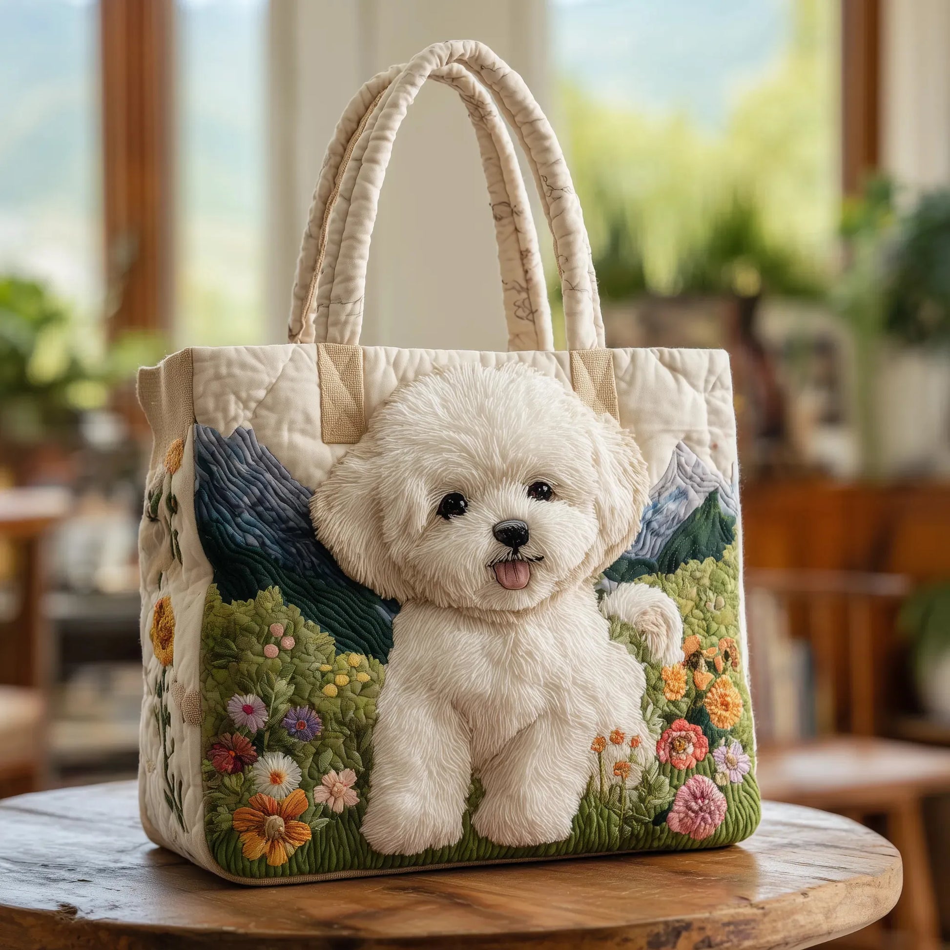 Enchanted Dog quilted artisan bag with dog print, shown in two sizes