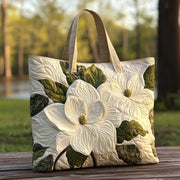 Handmade quilted tote bag with an elegant white lilies floral print
