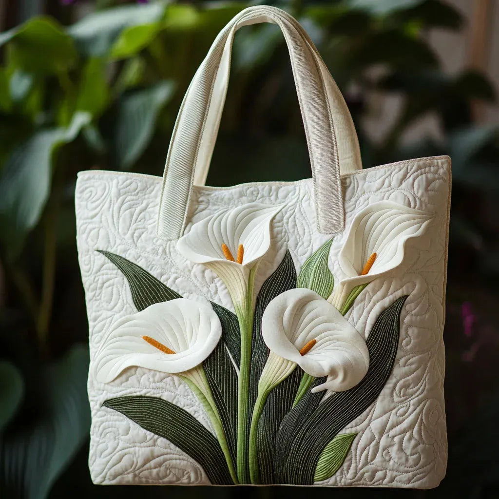 White Lilies quilted artisan handmade bag with textured stitching, shown in two sizes