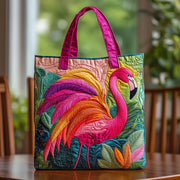 Rainbow flamingo print quilted tote bag with structured stitched design
