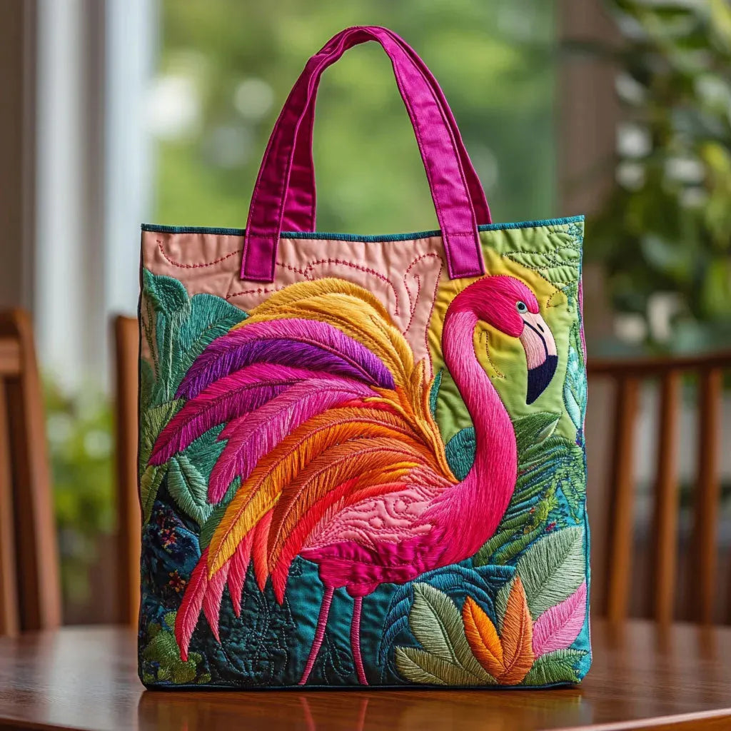 Rainbow flamingo print quilted tote bag with structured stitched design