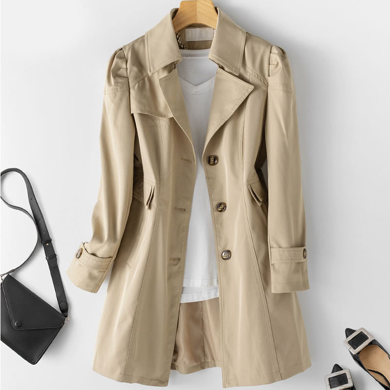 Women's half-length classic trench coat with lapel collar and button closure