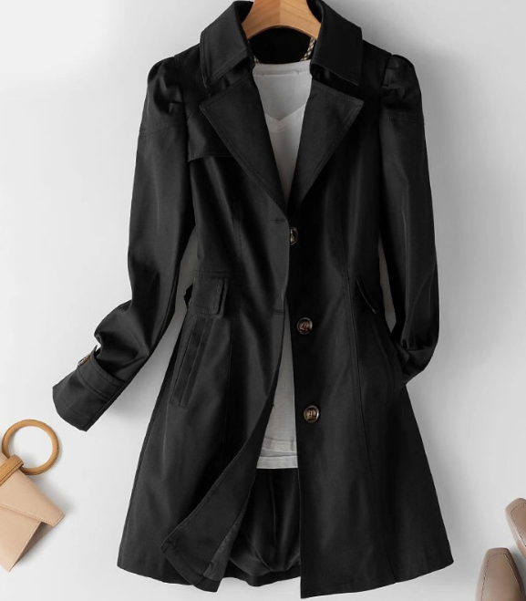 Women's half-length classic trench coat with lapel collar and button closure