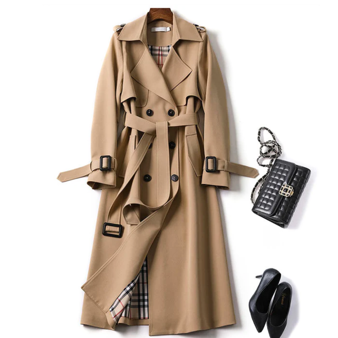 Berkley Lane belted longline trench coat with sleek buttons and adjustable waist