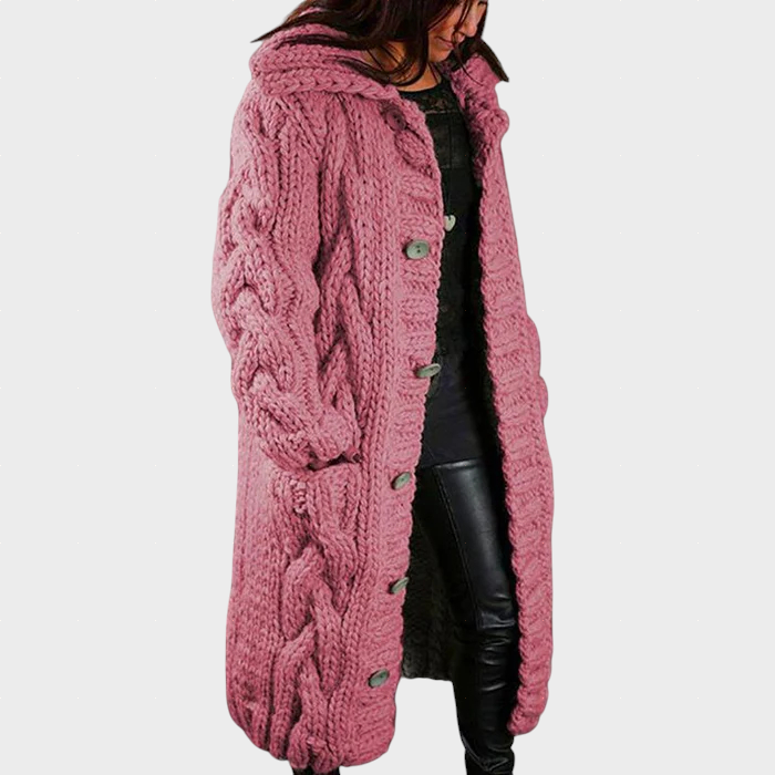 Karina oversized cable knit longline hooded coat shown in a soft neutral shade