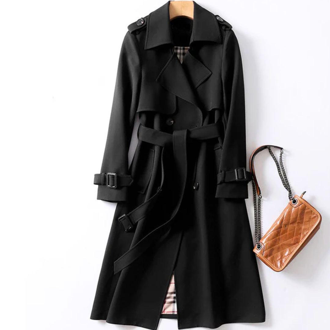 Berkley Lane belted longline trench coat with sleek buttons and adjustable waist