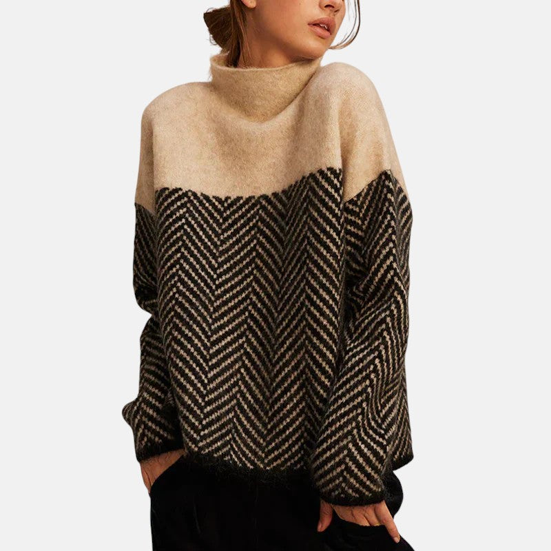 Eva structured two-tone knit sweater shown in navy blue, beige and purple