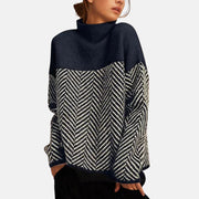 Eva structured two-tone knit sweater shown in navy blue, beige and purple