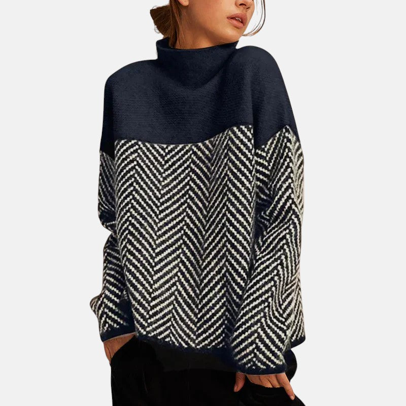 Eva structured two-tone knit sweater shown in navy blue, beige and purple