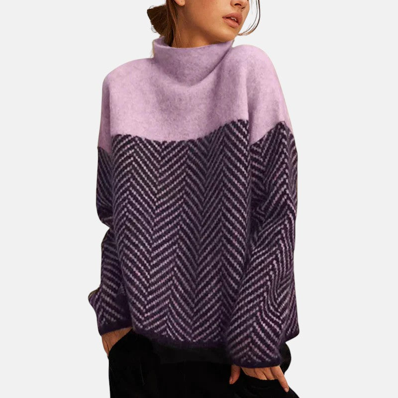 Eva structured two-tone knit sweater shown in navy blue, beige and purple
