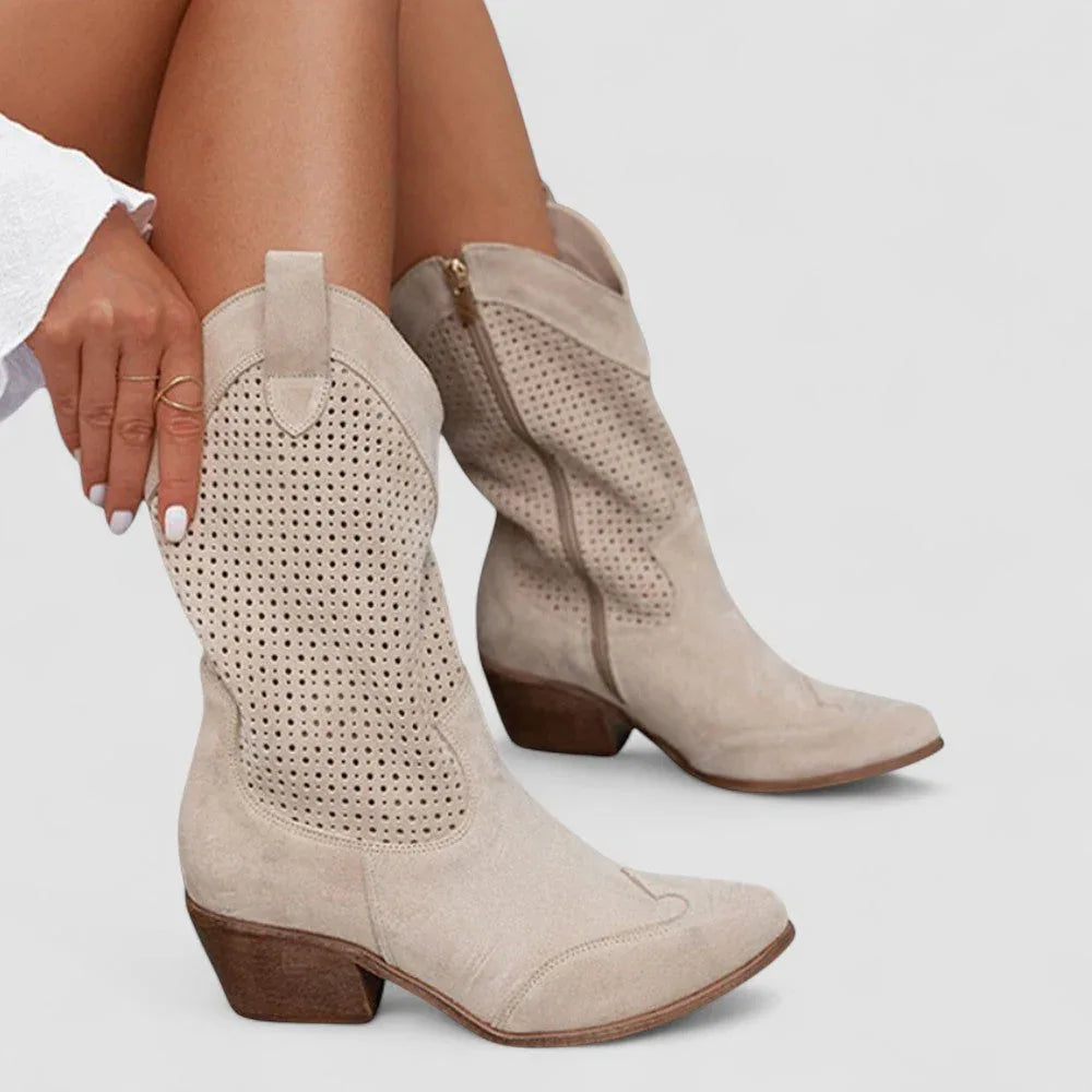 Rachel orthopedic Western ankle boots in beige with stacked heel