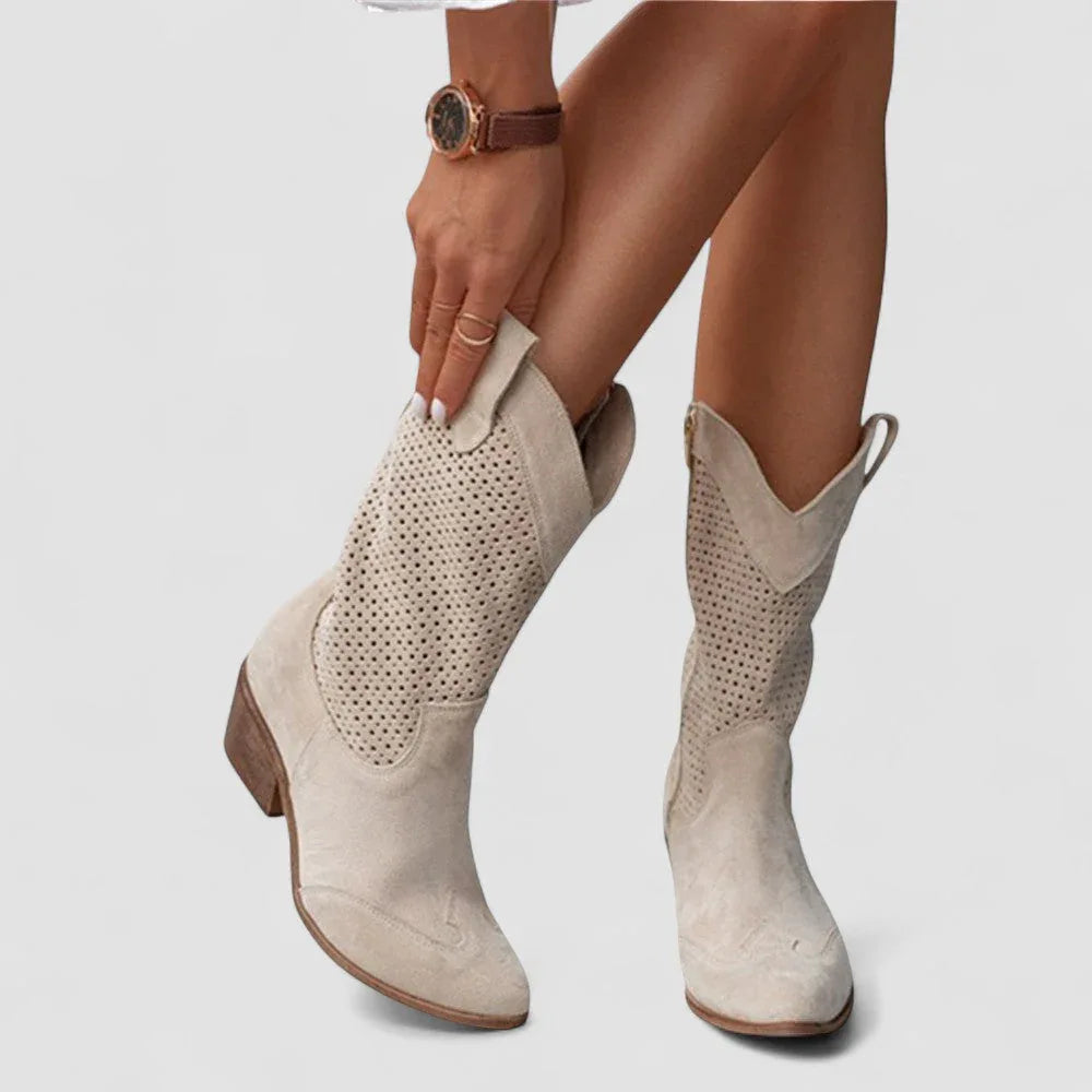 Rachel orthopedic Western ankle boots in beige with stacked heel